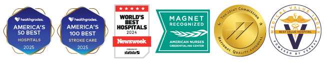 Healthgrades America's 50 Best Hospitals 2025, Healthgrades America's 100 Best Hospitals for Stroke Care 2025, Newsweek World's Best Hospitals 2024, Magnet Recognized by American Nurses Credentialing Center, The Joint Commission National Quality Approval Badge, and Verras Best Value Hospital