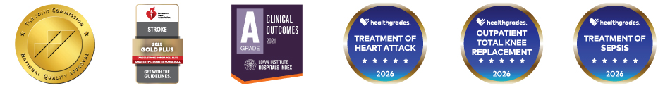 The Joint Commission National Quality Approval Badge, American Heart Association Get With the Guidelines 2025 Gold Plus Award, Lown Institute Hospital Index A Grade for Clinical Outcomes 2021, Healthgrades Badge for Treatment of Heart Attack 2026, Healthgrades Badge for Outpatient Total Knee Replacement 2026, Healthgrades Badge for Treatment of Sepsis 2026