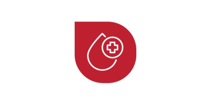 Red and white logo featuring a blood drop, symbolizing blood drives at the hospital.