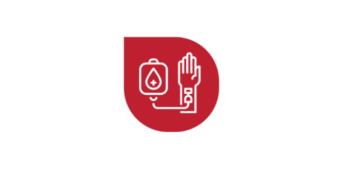 Red and white graphic featuring a hand and blood specimin collection bag, symbolizing blood donation efforts.