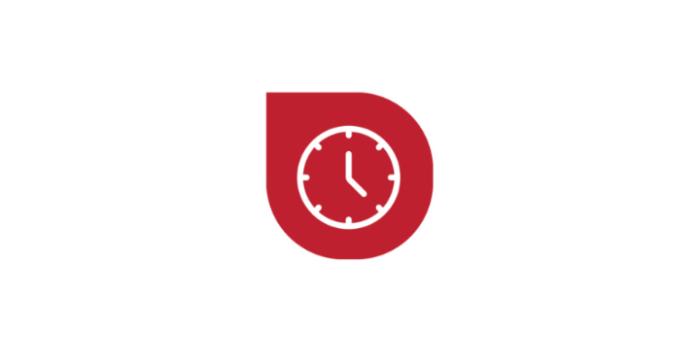 Red clock with a white circle, representing the time it takes to complete a blood donation.
