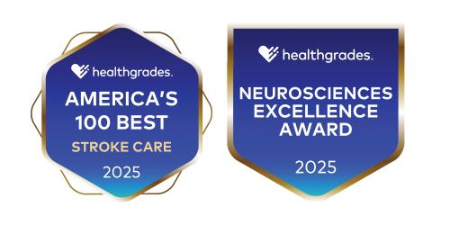 Healthgrades Neurology Awards Badges for "100 Best Stroke Care" and "Neurosciences Excellence"